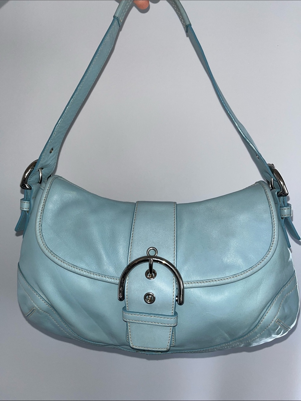Coach Light Blue Leather Shoulder Bag Y2K Buckle Hobo Purse